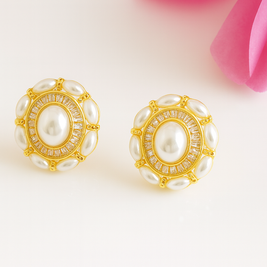 Vintage-Inspired Pearl & Gold Statement Stud Earrings