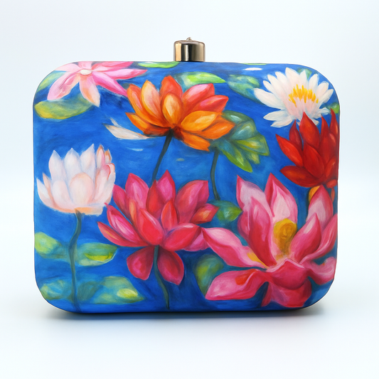 Lotus Flower Clutch Bag – Digital Print Evening Purse with Gold Chain | Designer Wedding & Party Bag
