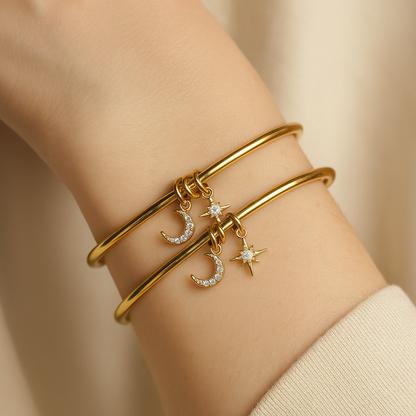 Gold Plated Stainless Steel Bangles Set of 2 with Moon & Star Charms – Anti-Tarnish Women’s Jewelry
