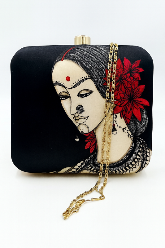Artistic Print Clutch with Designer Lady Motif and Gold Chain – Evening & Party Bag