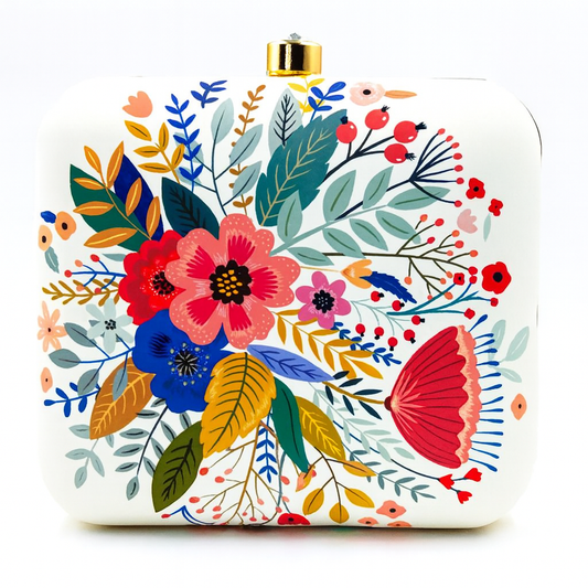 Floral Artwork Clutch with Colorful Botanical Print and Gold Clasp – Party & Evening Bag