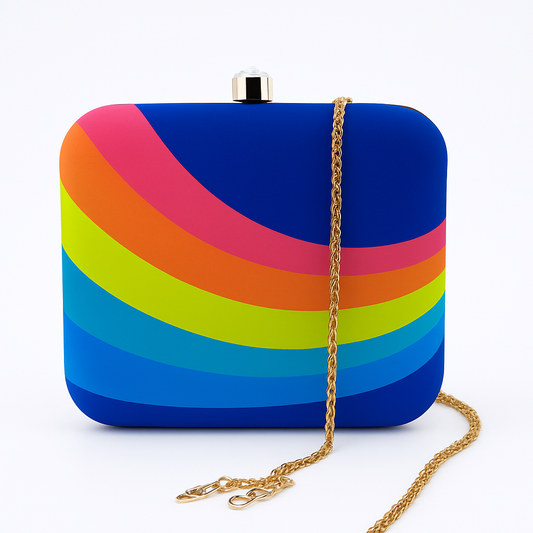 Vibrant Striped Artwork Clutch with Bold Multicolor Design and Gold Chain – Party & Evening Bag