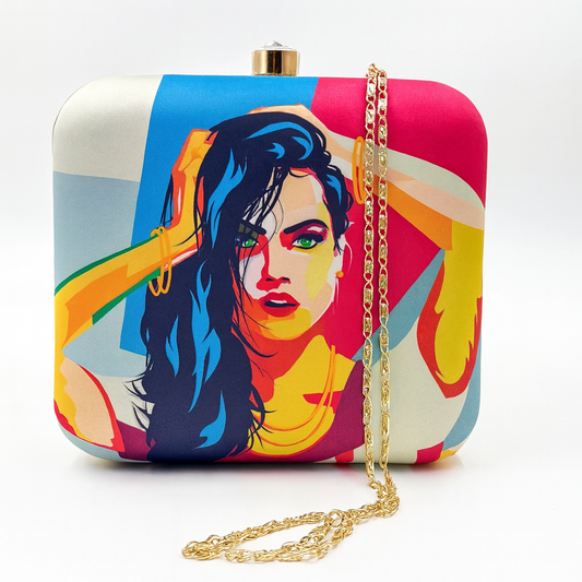 Pop-Art Style Clutch with Bold Multicolor Face Illustration and Gold Chain – Party & Evening Bag
