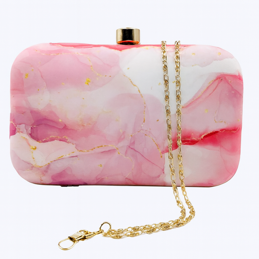 Elegant Marble Print Clutch in Pink and White with Gold Chain – Evening & Party Bag