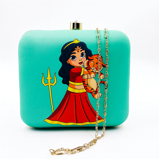 Goddess Illustration Clutch with Vibrant Artwork and Gold Chain – Party & Festive Bag