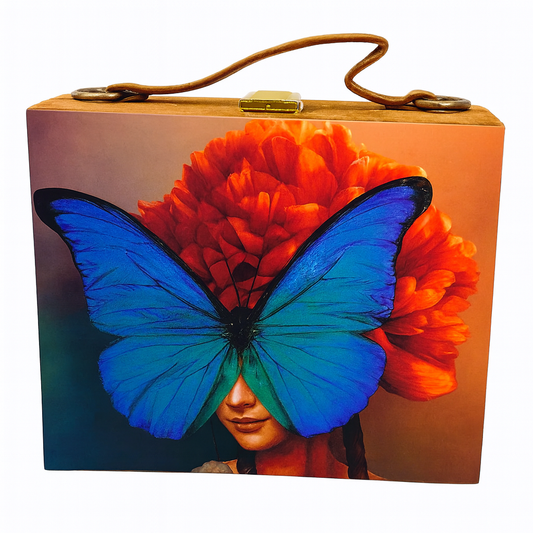 Butterfly Artwork Wooden Handbag with Matt Finish Satin & Suede – Luxury Statement Bag