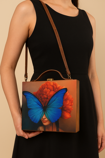 Butterfly Artwork Wooden Handbag with Matt Finish Satin & Suede – Luxury Statement Bag