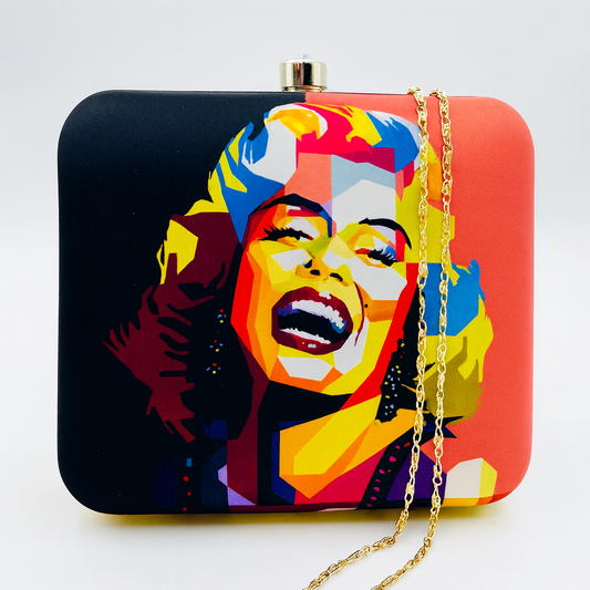 Marilyn Monroe Pop-Art Satin Clutch with Bold Multicolor Illustration – 7 x 6.5 inch Gold Chain Evening Bag