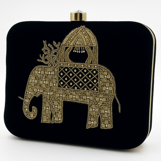 Royal Elephant Embroidered Velvet Clutch with Gold Detailing – Evening & Festive Bag