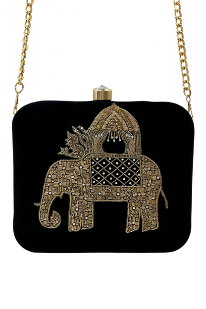 Royal Elephant Embroidered Velvet Clutch with Gold Detailing – Evening & Festive Bag