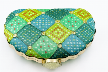 Ikat-Inspired Geometric Scallop Clutch in Green & Blue with Gold Accents – Evening & Festive Bag
