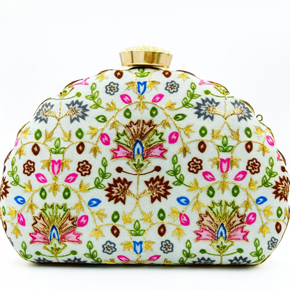 Hand-Embroidered Scallop Floral Clutch with Multicolor Threadwork & Gold Chain – Wedding & Festive Bag
