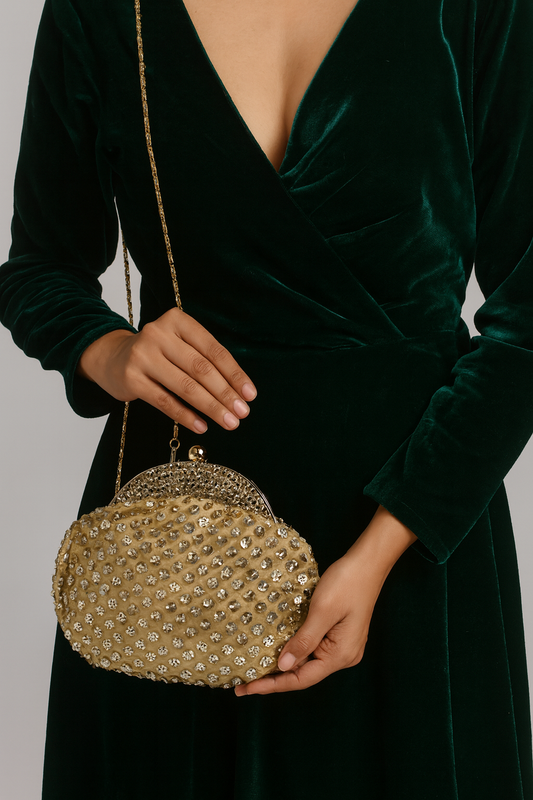 Golden Beaded Batua-Style Clutch with Floral Embroidery & Chain Strap – Wedding & Festive Bag