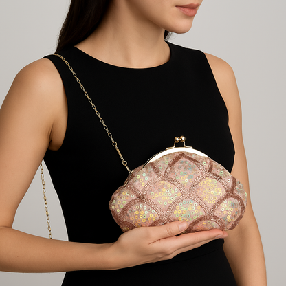 Shimmering Sequin Batua-Style Clutch with Vintage Metal Clasp & Chain Strap – Wedding & Evening Bag