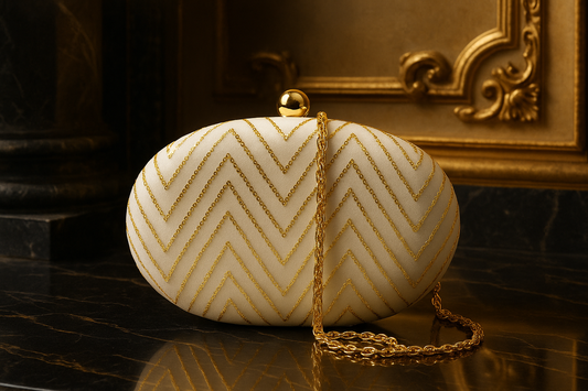 Luxury White Oval Clutch with Gold Chevron Sequin Embroidery – Evening & Party Bag