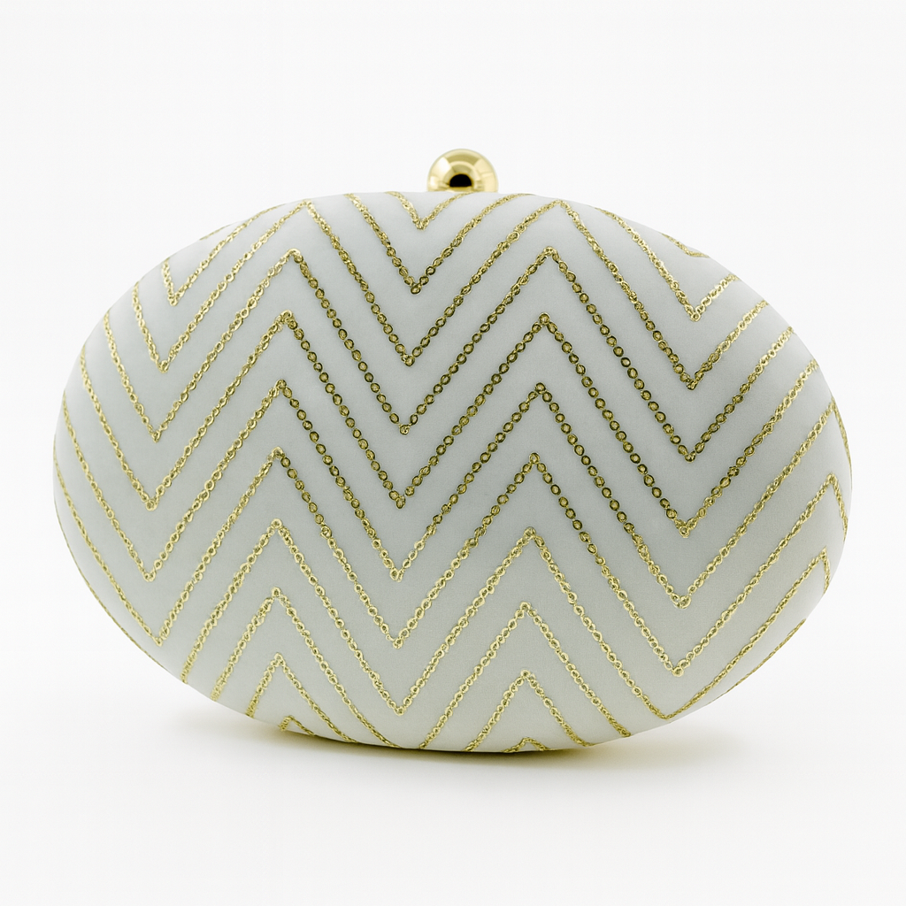 Luxury White Oval Clutch with Gold Chevron Sequin Embroidery – Evening & Party Bag