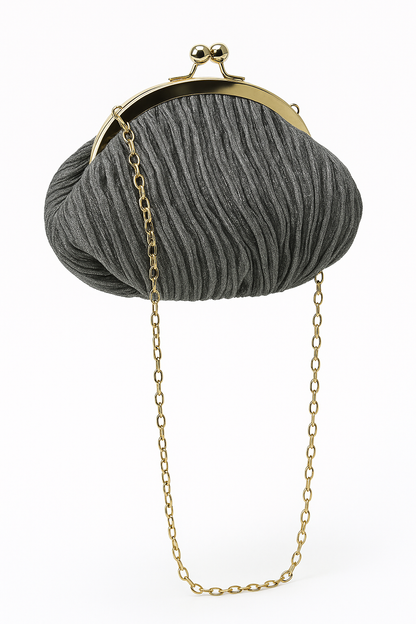 Elegant Black Batua-Style Clutch with Textured Fabric & Gold Kiss-Lock Clasp – Evening & Party Bag