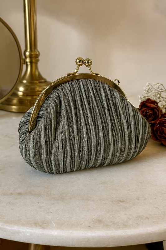 Elegant Black Batua-Style Clutch with Textured Fabric & Gold Kiss-Lock Clasp – Evening & Party Bag