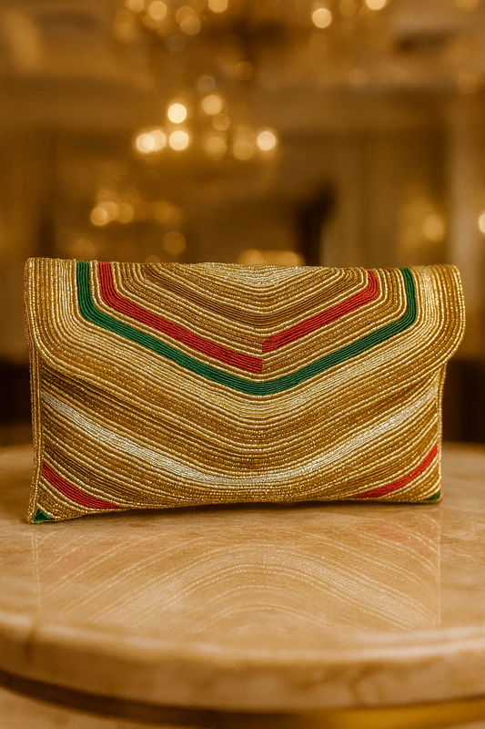 Luxury Hand-Beaded Stripe Clutch in Gold, Red & Green – Wedding, Party & Festive Bag