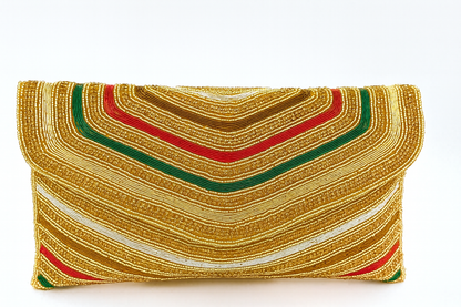 Luxury Hand-Beaded Stripe Clutch in Gold, Red & Green – Wedding, Party & Festive Bag