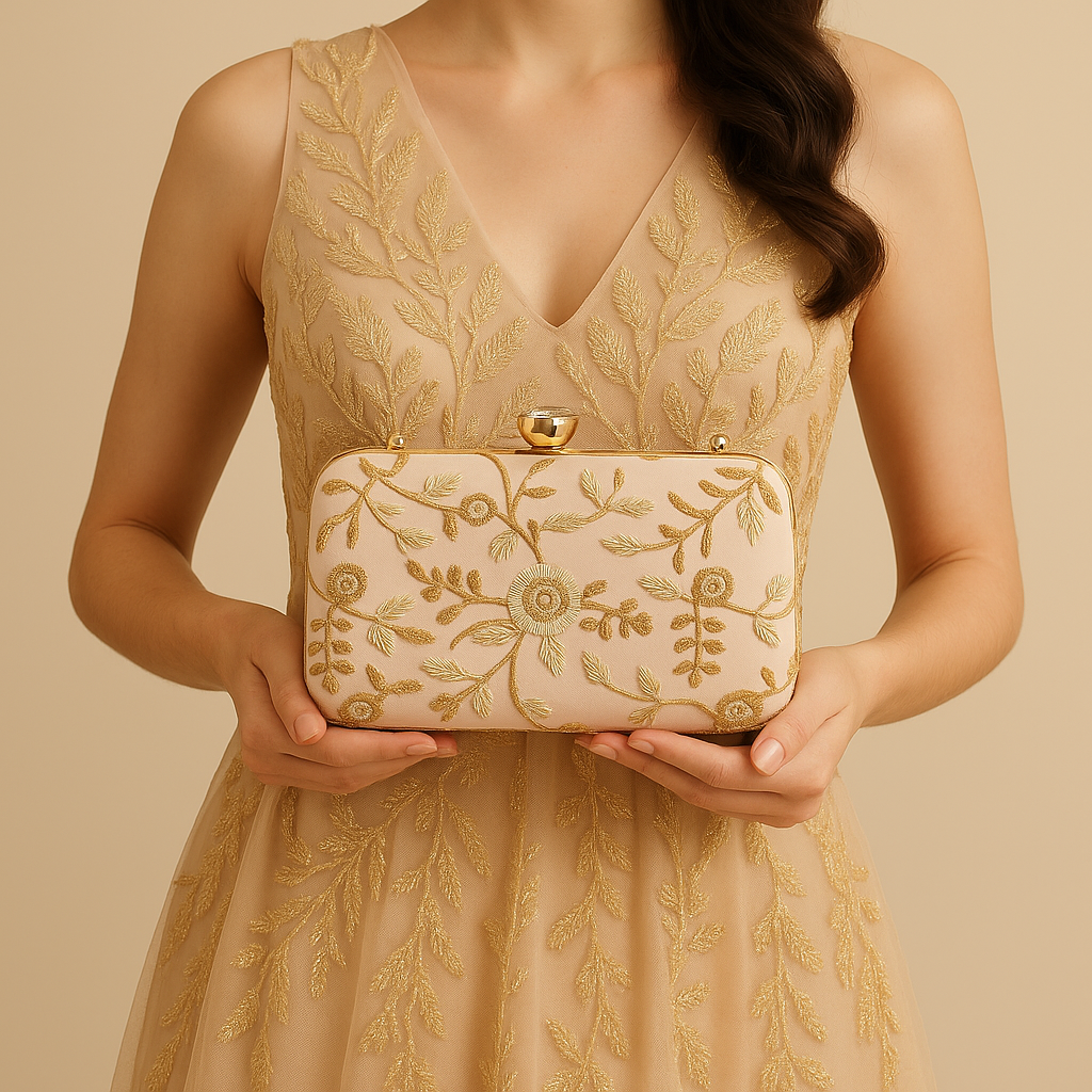 Blush Pink Clutch with Gold Floral Embroidery – Wedding & Party Handbag
