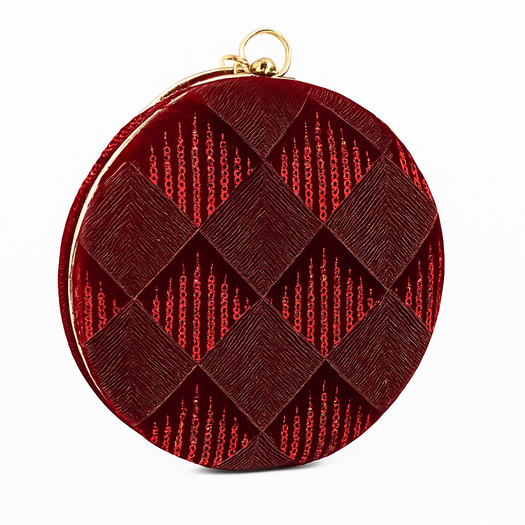 Luxury Red Velvet Round Clutch with Sequin Embroidery & Golden Handle – Party & Wedding Bag