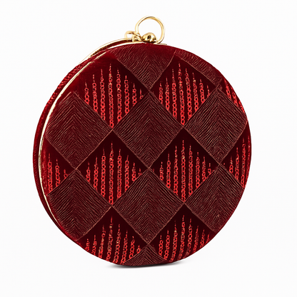 Luxury Red Velvet Round Clutch with Sequin Embroidery & Golden Handle – Party & Wedding Bag