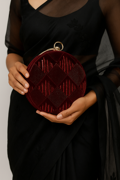 Luxury Red Velvet Round Clutch with Sequin Embroidery & Golden Handle – Party & Wedding Bag