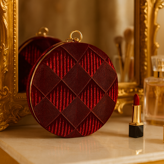 Luxury Red Velvet Round Clutch with Sequin Embroidery & Golden Handle – Party & Wedding Bag