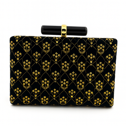 Luxury Black Velvet Clutch with Golden Floral Embroidery & Bar Clasp