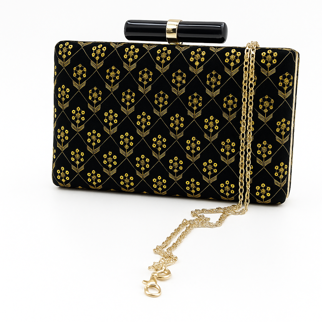 Luxury Black Velvet Clutch with Golden Floral Embroidery & Bar Clasp