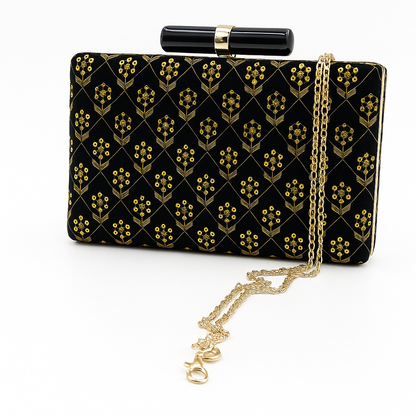 Luxury Black Velvet Clutch with Golden Floral Embroidery & Bar Clasp
