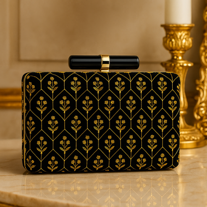Luxury Black Velvet Clutch with Golden Floral Embroidery & Bar Clasp