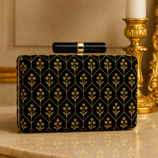 Luxury Black Velvet Clutch with Golden Floral Embroidery & Bar Clasp
