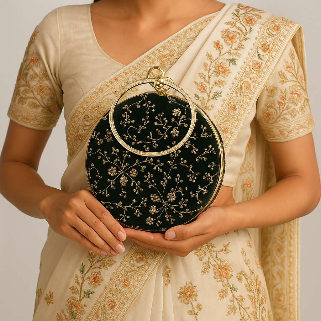Luxury Black Velvet Round Clutch with Golden Embroidery & Ring Handle – Party & Wedding Bag