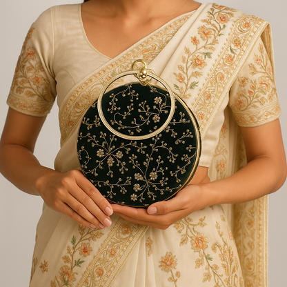 Luxury Black Velvet Round Clutch with Golden Embroidery & Ring Handle – Party & Wedding Bag