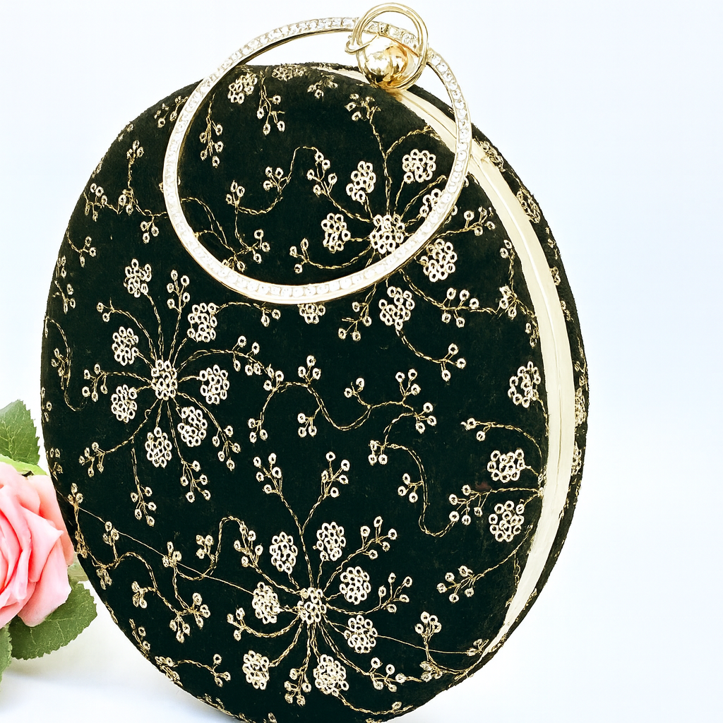 Luxury Black Velvet Round Clutch with Golden Embroidery & Ring Handle – Party & Wedding Bag