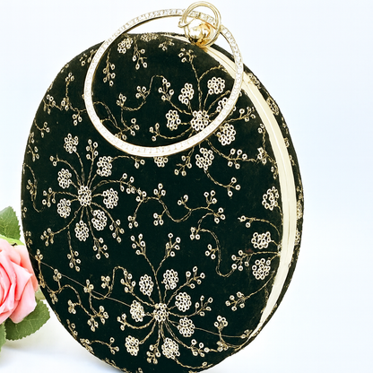 Luxury Black Velvet Round Clutch with Golden Embroidery & Ring Handle – Party & Wedding Bag