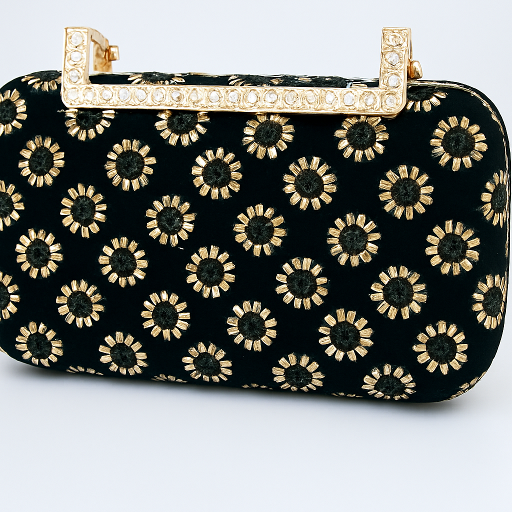 Luxury Black Velvet Clutch with Gold Embroidery & Crystal-Studded Handle – Evening & Party Bag