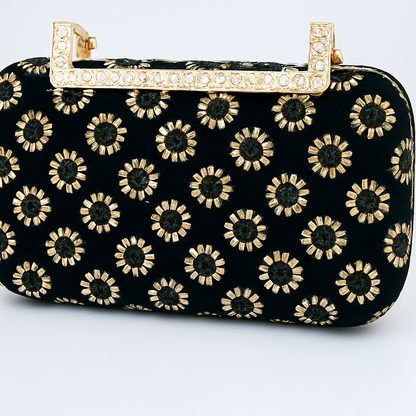 Luxury Black Velvet Clutch with Gold Embroidery & Crystal-Studded Handle – Evening & Party Bag