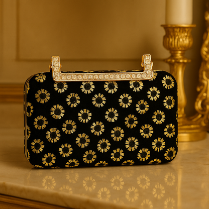 Luxury Black Velvet Clutch with Gold Embroidery & Crystal-Studded Handle – Evening & Party Bag