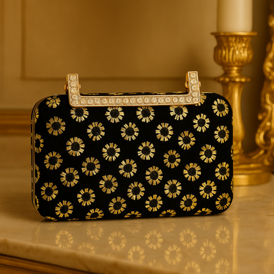 Luxury Black Velvet Clutch with Gold Embroidery & Crystal-Studded Handle – Evening & Party Bag