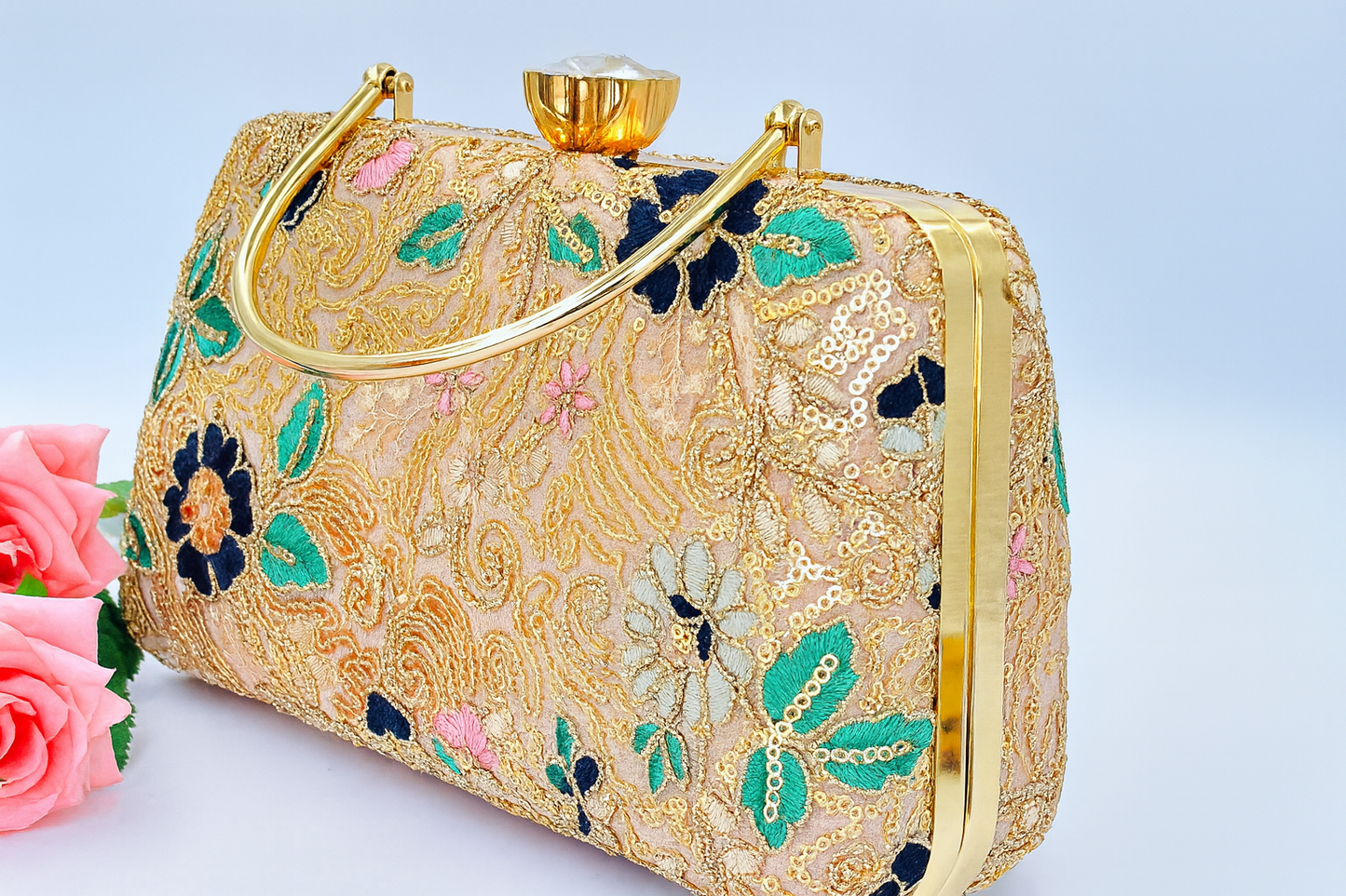 Floral Embroidered Clutch with Gold Sequins and Handle – Wedding & Party Bag