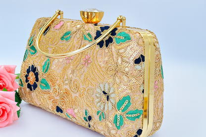 Floral Embroidered Clutch with Gold Sequins and Handle – Wedding & Party Bag
