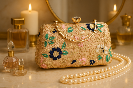 Floral Embroidered Clutch with Gold Sequins and Handle – Wedding & Party Bag