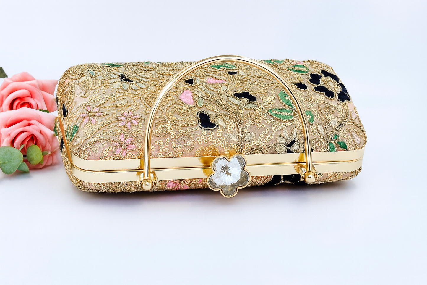 Floral Embroidered Clutch with Gold Sequins and Handle – Wedding & Party Bag
