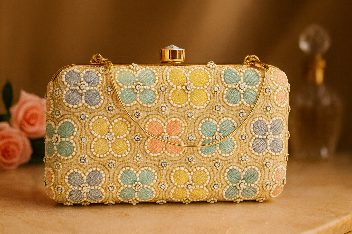 Pastel Beaded Floral Clutch with Hand Embroidery & Gold Chain – Wedding & Party Bag