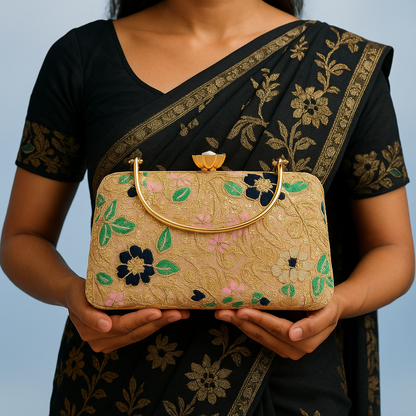 Floral Embroidered Clutch with Gold Sequins and Handle – Wedding & Party Bag