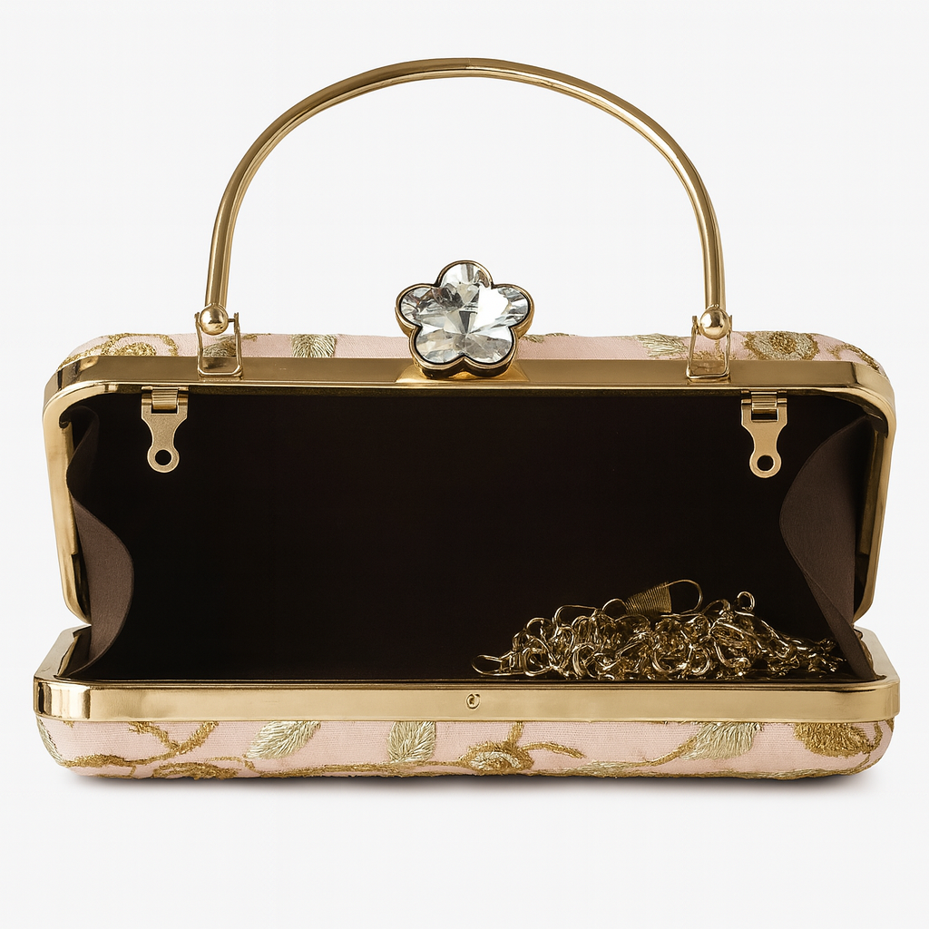Blush Pink Clutch with Gold Floral Embroidery – Wedding & Party Handbag