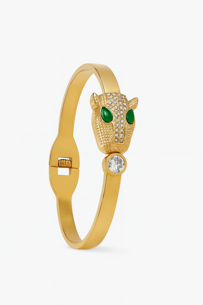 Panther Head Gold Plated Bracelet for Women with Green Enamel & Crystal Detailing | Anti-Tarnish Fashion Jewelry
